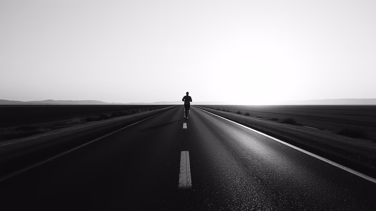 A lone runner in silhouette jogs along an empty road stretching into the horizon.