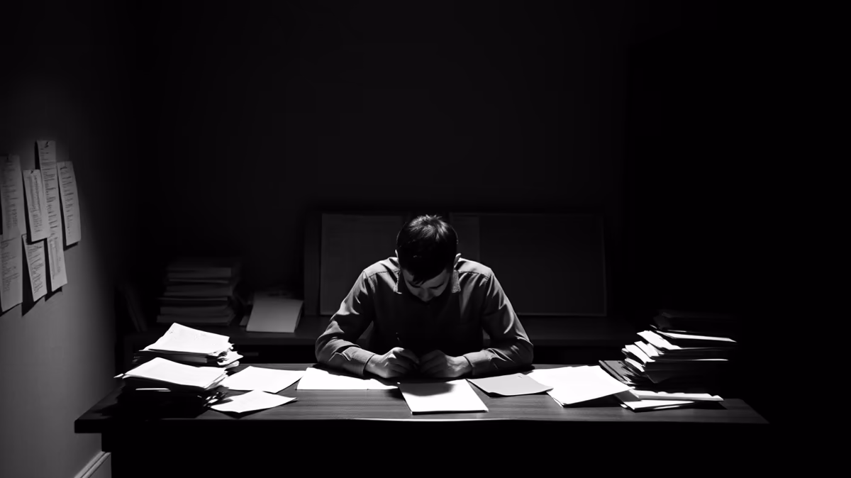 A person sitting alone at a desk covered with papers, illuminated in stark contrast against a dark background.