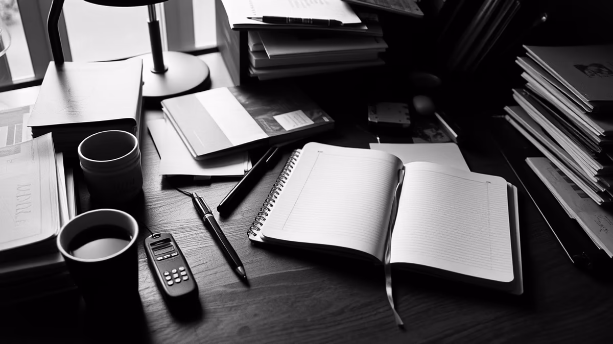 A cluttered desk with notebooks, pens, a coffee cup, and a tape recorder in black and white.