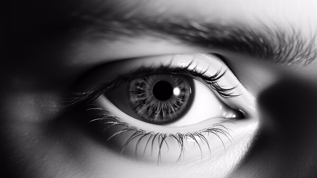 Close-up of a human eye in black and white, showcasing detailed eyelashes and iris texture.