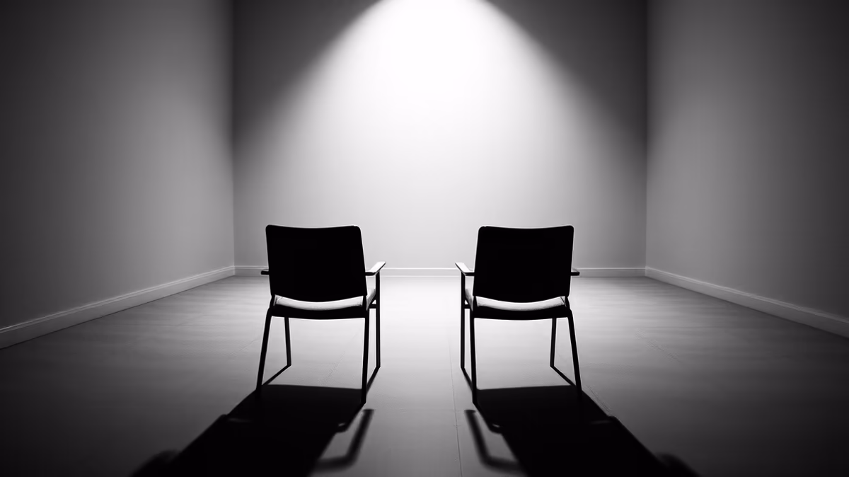 Two empty chairs facing each other in a sparsely lit, minimalist room.