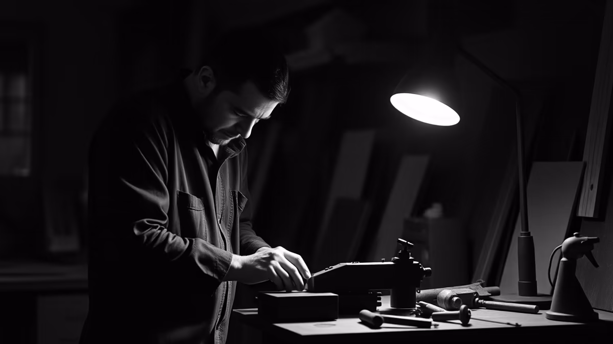 A man focused on his work in a dimly lit workshop, illuminated by a nearby lamp.